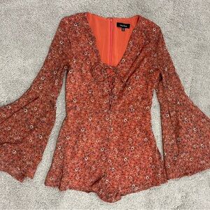 Lea & Viola Orange Pink Ruffled Bell Sleeve Jumpsuit